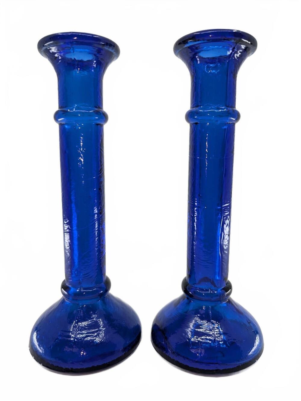 Vintage Cobalt Blue Glass Candlestick Bud Vase Pair Spanish Style Recycled